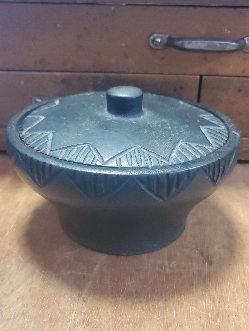 Handcrafted Black Carved Wood Lidded Bowl Ghana. GS